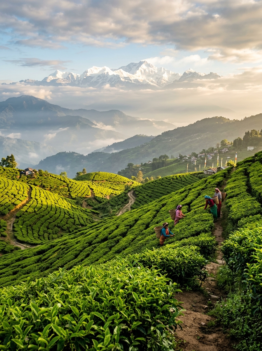 Darjeeling tea gardens with Kanchenjunga