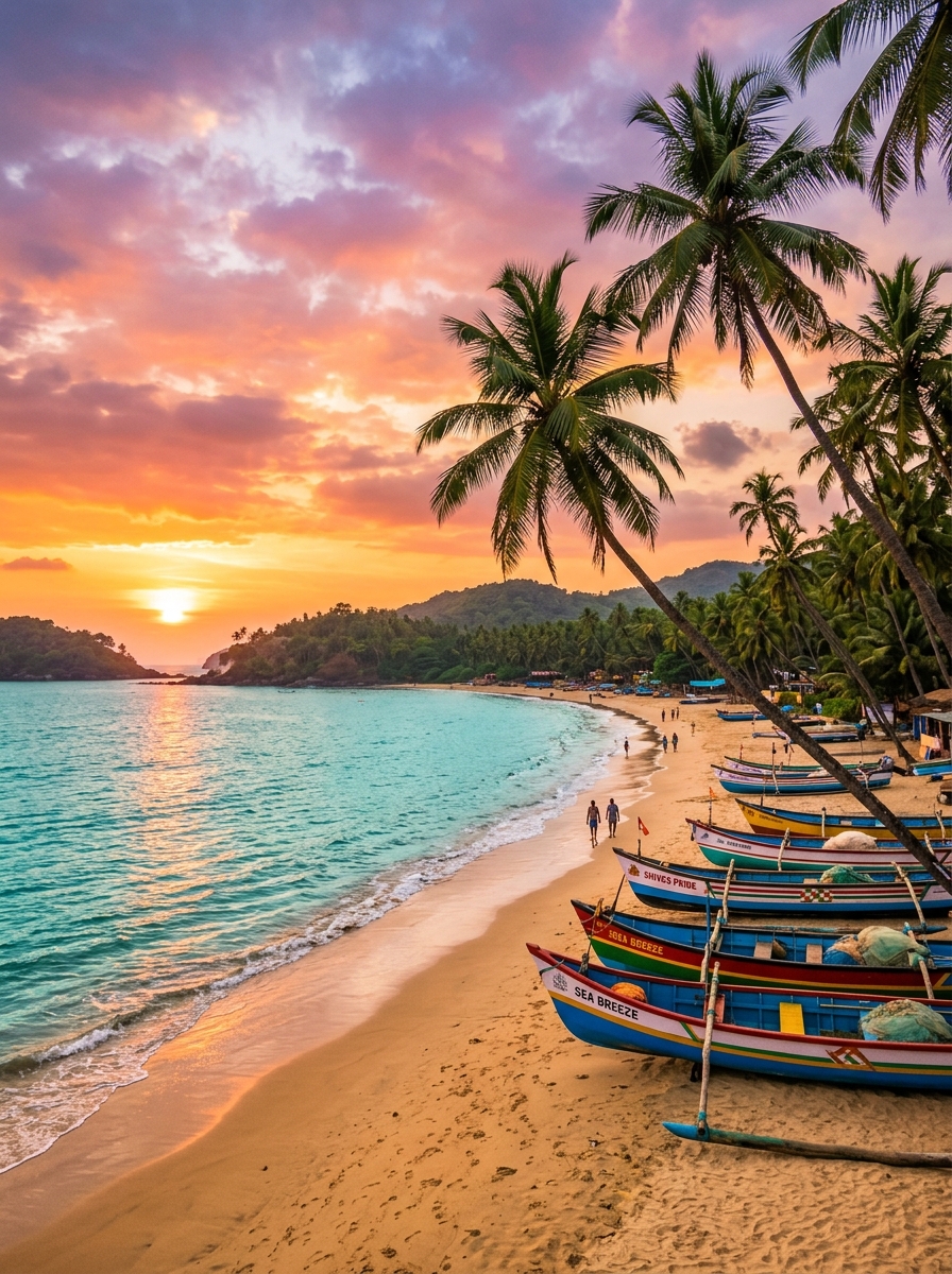 Goa beach sunset with fishing boats