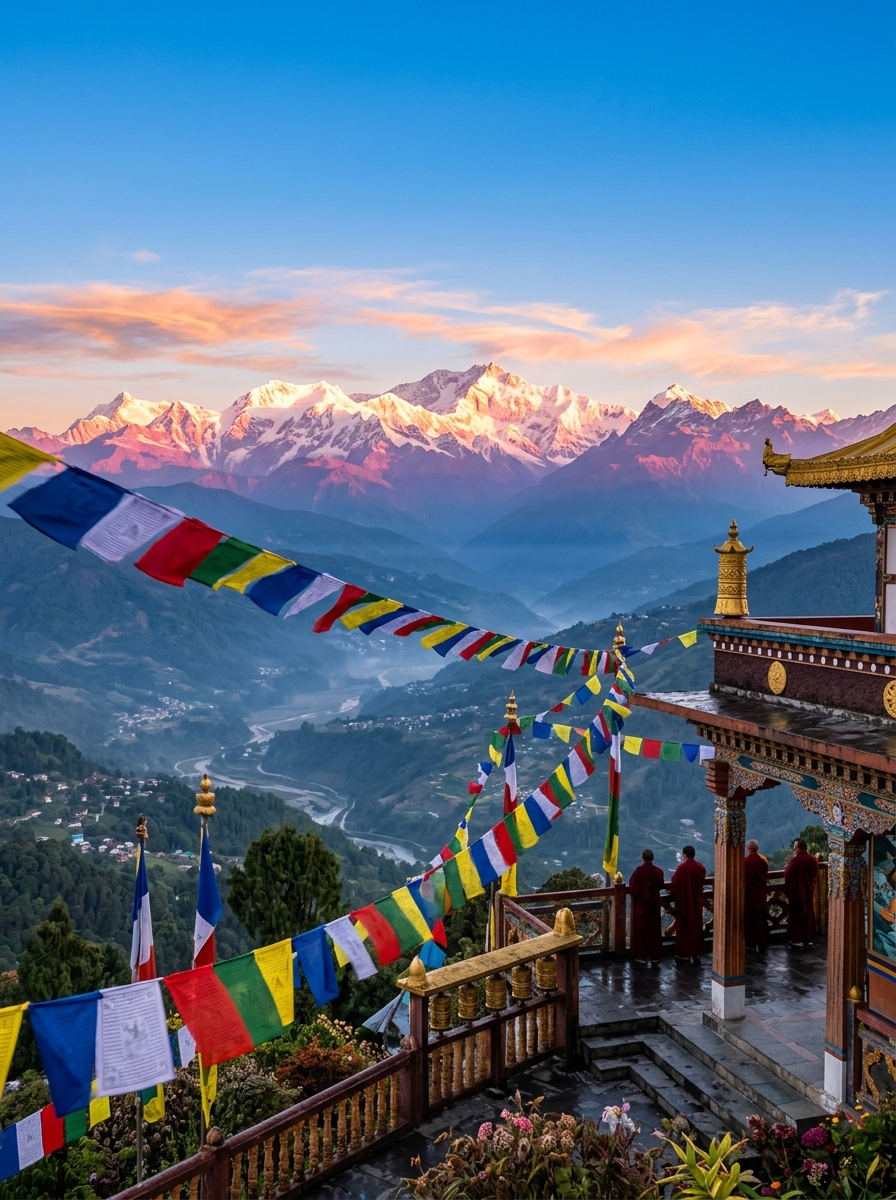 Sikkim monastery with Kanchenjunga